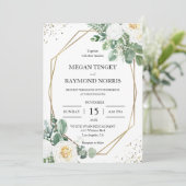 Rustiek groen & witte rozen geometrisch goud Invit Kaart (Staand voorkant)