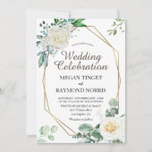 Rustiek groen & witte rozen geometrische bruiloft kaart (Voorkant)