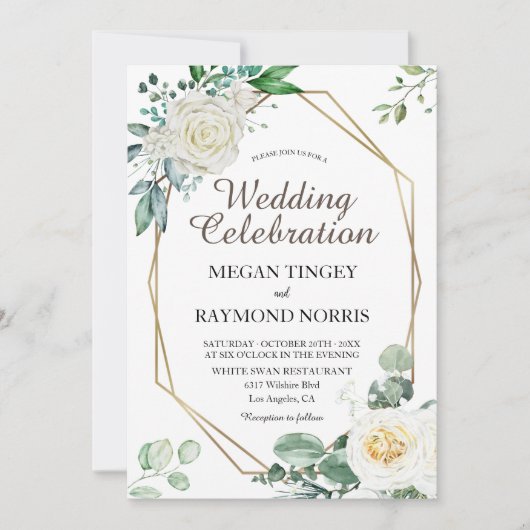 Rustiek groen & witte rozen geometrische bruiloft kaart (Voorkant)