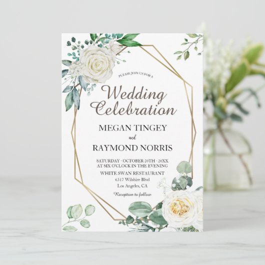 Rustiek groen & witte rozen geometrische bruiloft kaart (Staand voorkant)