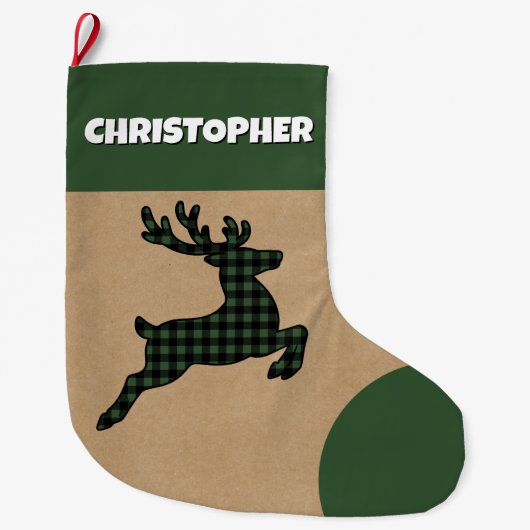 Rustiek Groen & Zwart Geplaagd Rendier Custom Name Grote Kerstsok (Voorkant)