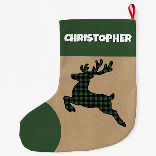 Rustiek Groen & Zwart Geplaagd Rendier Custom Name Grote Kerstsok (Achterkant)