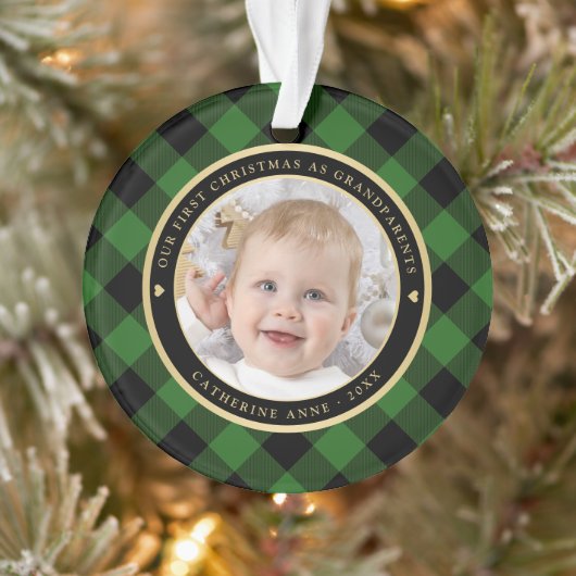 Rustiek Groen Zwart Plaid Eerste Grootouders Foto Ornament (Boom)