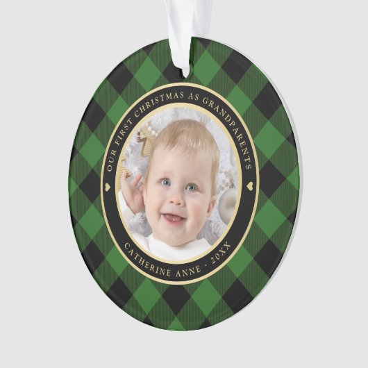 Rustiek Groen Zwart Plaid Eerste Grootouders Foto Ornament (voorkant)