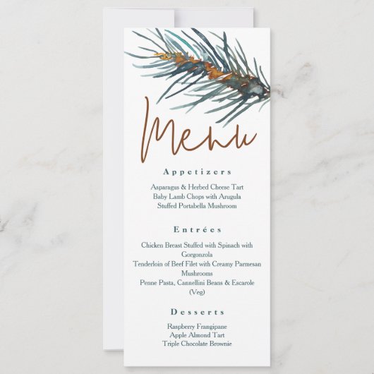 Rustiek Groene Pijnnaalden Receptie Diner Menu Kaart (Voorkant)