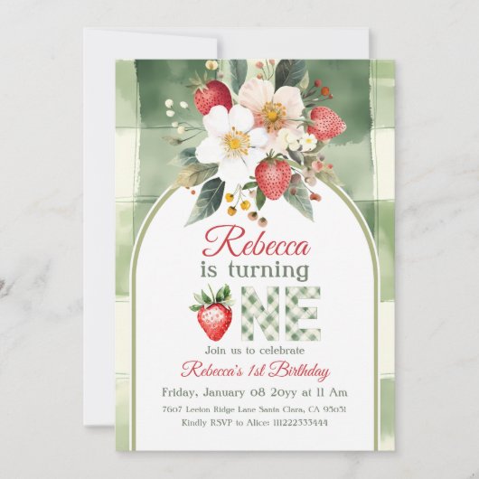 Rustiek groene rode aardbeienbes eerste verjaardag kaart (Voorkant)