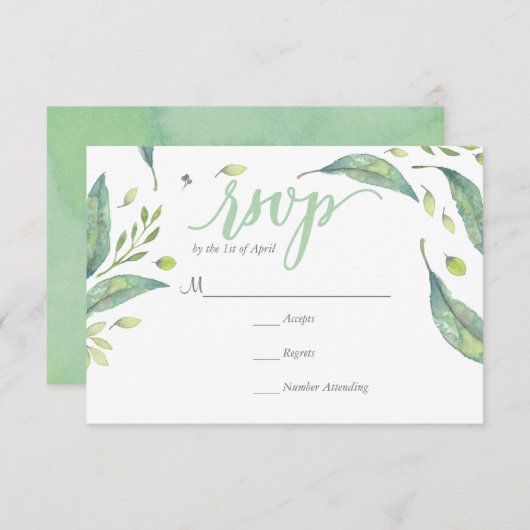 RUSTIEK Groene waterverf KRANS Foliage RSVP-kaart RSVP Kaartje (Voorkant / Achterkant)