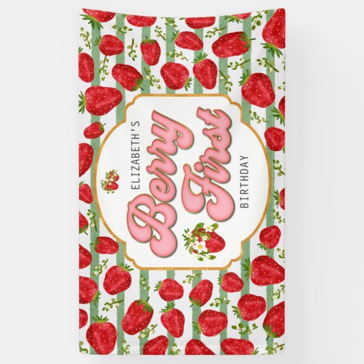 Rustiek Groene Witte Strepen Berry Eerste Verjaard Spandoek (Verticaal)