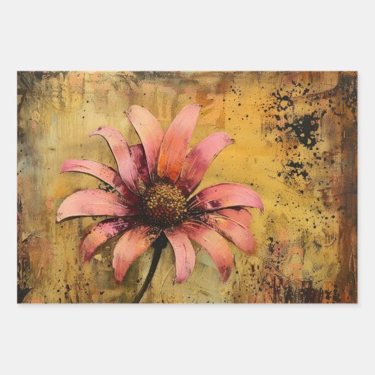 Rustiek Grunge Goud Roze Abstract Bloemen Decoupag Inpakpapier Vel (Voorkant 2)