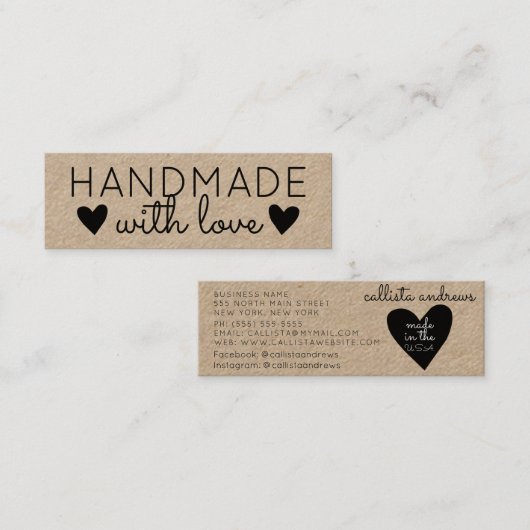 Rustiek handgemaakt met liefde zwarte harten kraft mini visitekaartje (Voorkant / Achterkant)