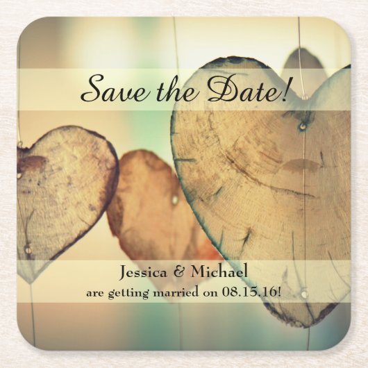 Rustiek Hanging Wood Hearts Save the Date Kartonnen Onderzetters (Voorkant)