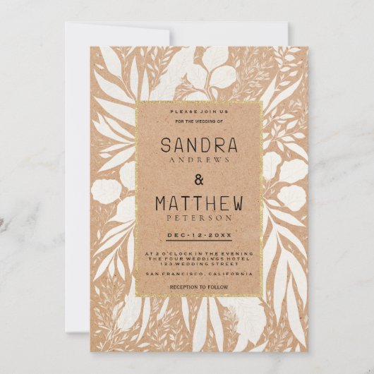 Rustiek hard bruin papier wit goud bloemenbruiloft kaart (Voorkant)