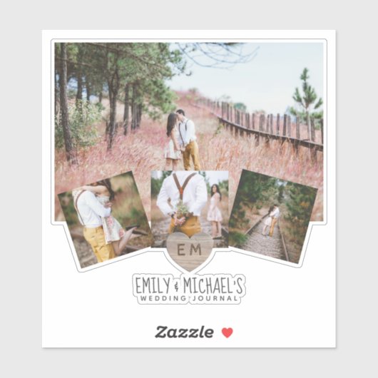 Rustiek hart Monogram Foto's Bruiloft Vrijgezellen Sticker (Vel)