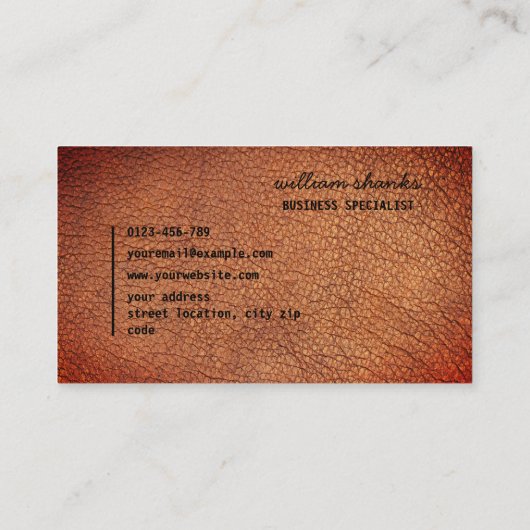 Rustiek helder bruin leer monogram zwart script visitekaartje (Achterkant)