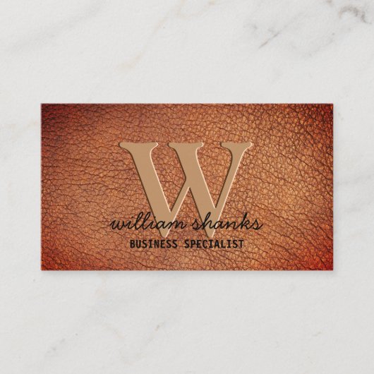 Rustiek helder bruin leer monogram zwart script visitekaartje (Voorkant)