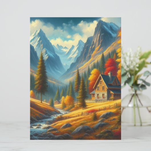 Rustiek, Herfst berg huisje & rivier Feestdagenkaart (Staand voorkant)