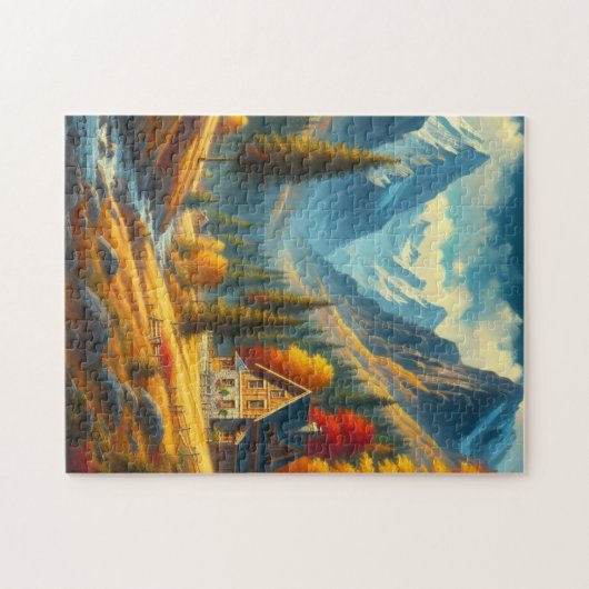 Rustiek, Herfst berg huisje & rivier Legpuzzel (Horizontaal)