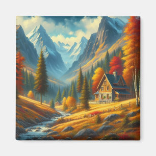Rustiek, Herfst berg huisje & rivier Magneet