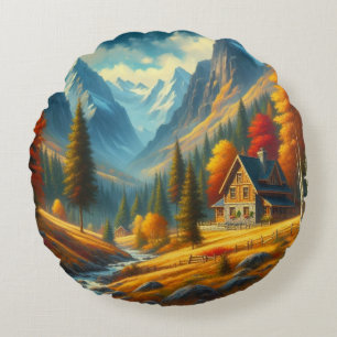 Rustiek, Herfst berg huisje & rivier Rond Kussen