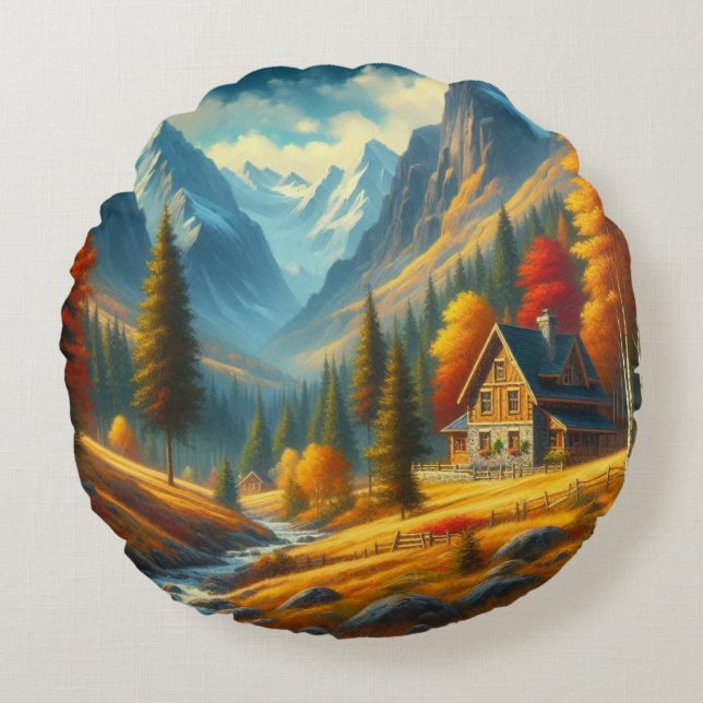 Rustiek, Herfst berg huisje & rivier Rond Kussen (Voorkant)