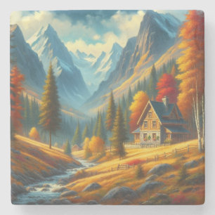 Rustiek, Herfst berg huisje & rivier Stenen Onderzetter