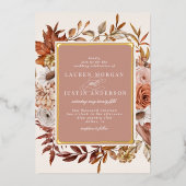 Rustiek Herfst Bloemen Huwelijk Goud Folie Uitnodiging (Voorkant)