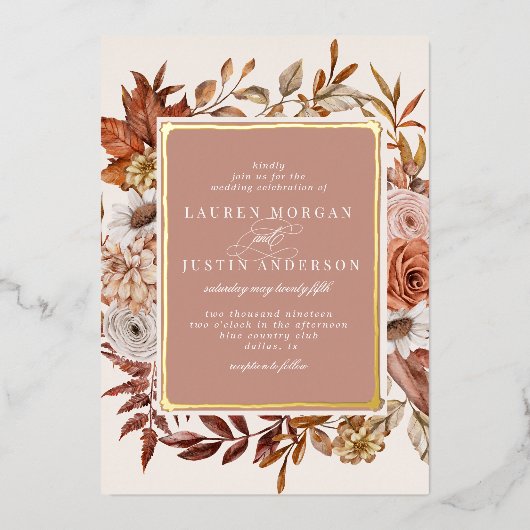 Rustiek Herfst Bloemen Huwelijk Goud Folie Uitnodiging (Voorkant)