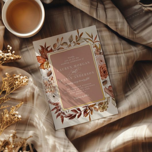 Rustiek Herfst Bloemen Huwelijk Goud Folie Uitnodiging