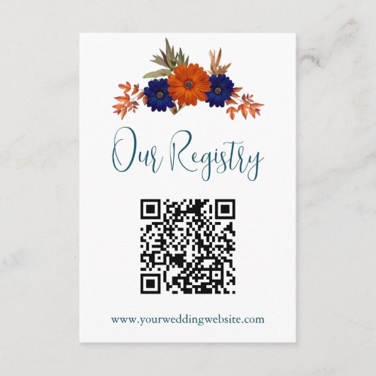 Rustiek Herfst Sinaasappel Blauw Bloemen Trouwregi Informatiekaartje (Voorkant)