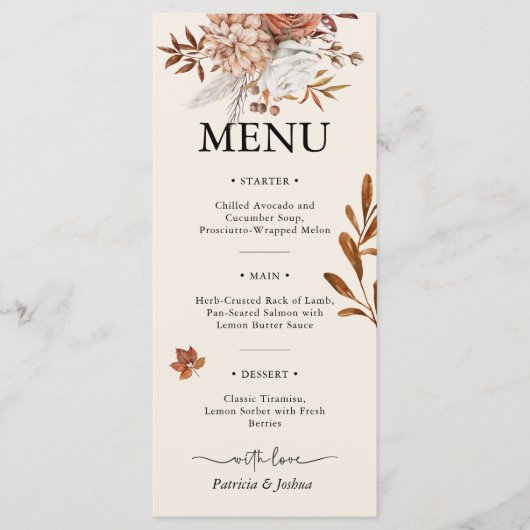 Rustiek Herfst Trouwmenu Elegant Verbrand Sinaasap Menu (Voorkant)