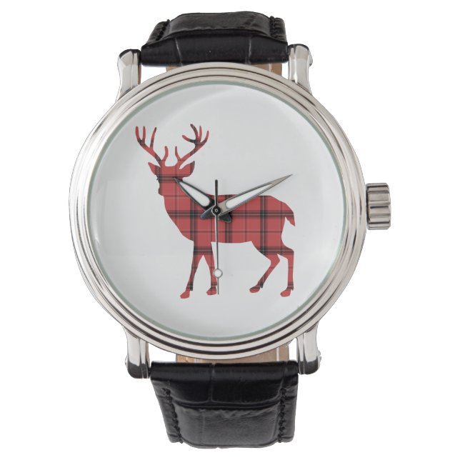 Rustiek hert rood en zwart geruite tartan patroon horloge (Voorkant)