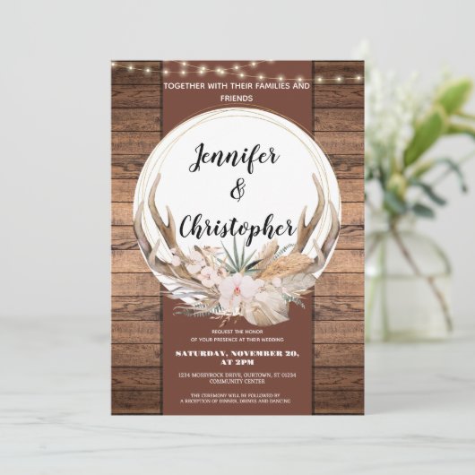 Rustiek Herten Antler Bruiloft Kaart (Staand voorkant)