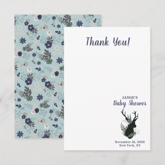 Rustiek Herten Hoofd Blauw Bloemen Baby Meisje Dan Bedankkaart (Voorkant / Achterkant)