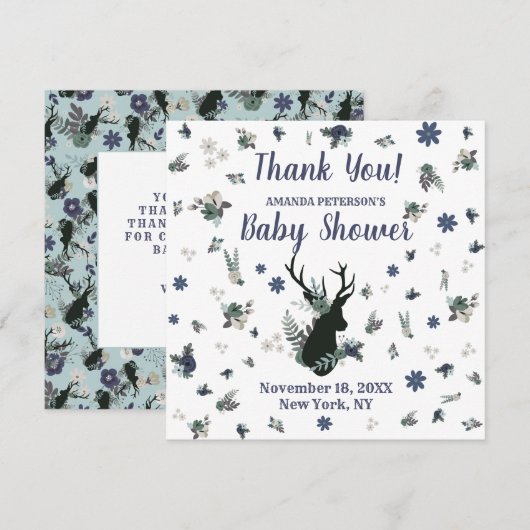 Rustiek Herten Hoofd Blauw Bloemen Baby shower Dan Bedankkaart (Voorkant / Achterkant)