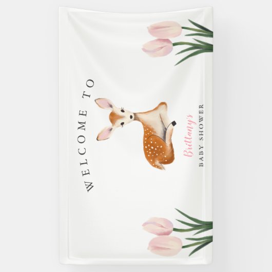 Rustiek Herten Roze Bloemen Baby shower Welkom Spandoek (Verticaal)