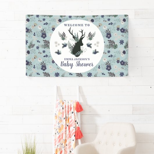 Rustiek Hertenhoofd Blauw Bloemen Baby shower Welk Spandoek (Insitu)