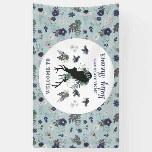 Rustiek Hertenhoofd Blauw Bloemen Baby shower Welk Spandoek (Verticaal)