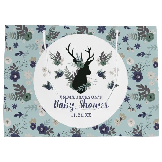 Rustiek Hertenhoofd Blauw Bloemen Modern Baby show Groot Cadeauzakje (Achterkant)