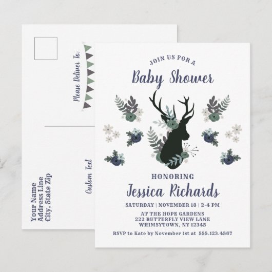 Rustiek Hertenhoofd Blauw Bloemen Modern Baby show Uitnodiging Briefkaart (Voorkant / Achterkant)