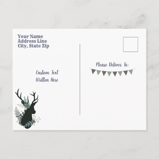 Rustiek Hertenhoofd Blauw Bloemen Modern Baby show Uitnodiging Briefkaart (Achterkant)