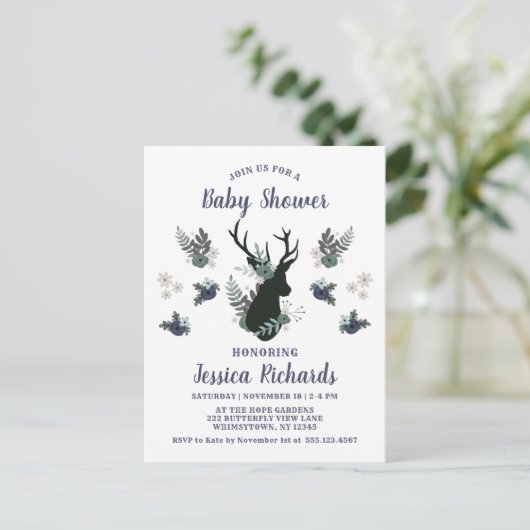 Rustiek Hertenhoofd Blauw Bloemen Modern Baby show Uitnodiging Briefkaart (Staand voorkant)
