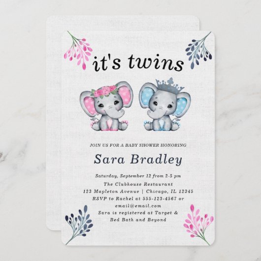 Rustiek Het is Twins burlap olifant baby shower Kaart (Voorkant / Achterkant)