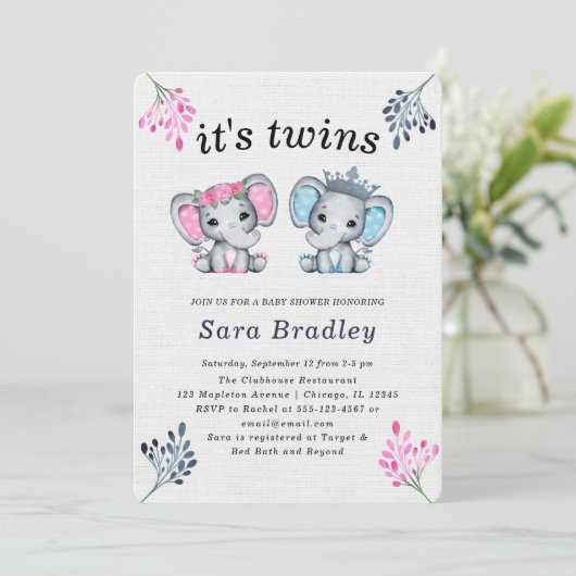Rustiek Het is Twins burlap olifant baby shower Kaart (Staand voorkant)