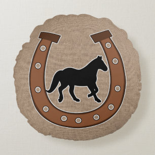 Rustiek Hoefijzer en Black Horse Faux Burlap Rond Kussen