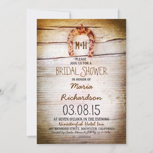 Rustiek hoefijzer Hout Bruids Douche Uitnodiging (Voorkant)