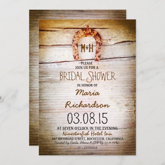Rustiek hoefijzer Hout Bruids Douche Uitnodiging (Voorkant / Achterkant)