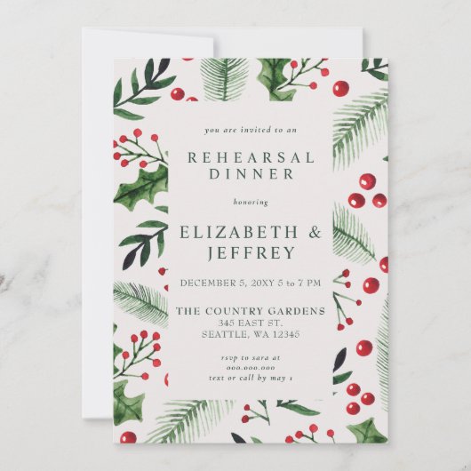 Rustiek Holly Berries Kerstrepetitie diner Kaart (Voorkant)