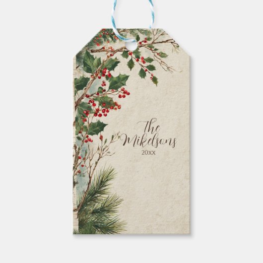 Rustiek Holly Berry kerstfeest Cadeaulabel (Voorkant)
