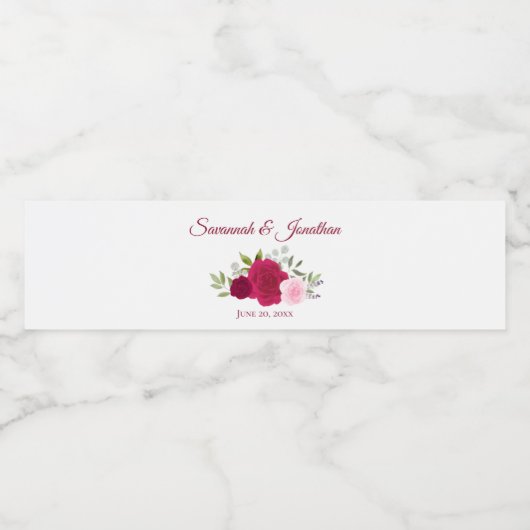 Rustiek Hot Roze Magenta & Blush Rozen bruiloft Waterfles Etiket (Enkel label)