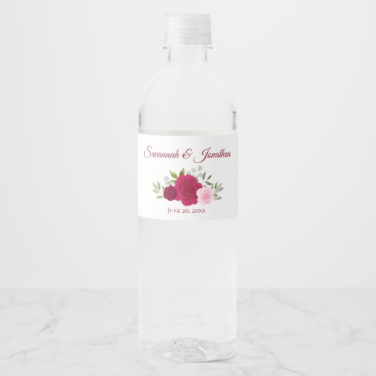 Rustiek Hot Roze Magenta & Blush Rozen bruiloft Waterfles Etiket (Voorkant)